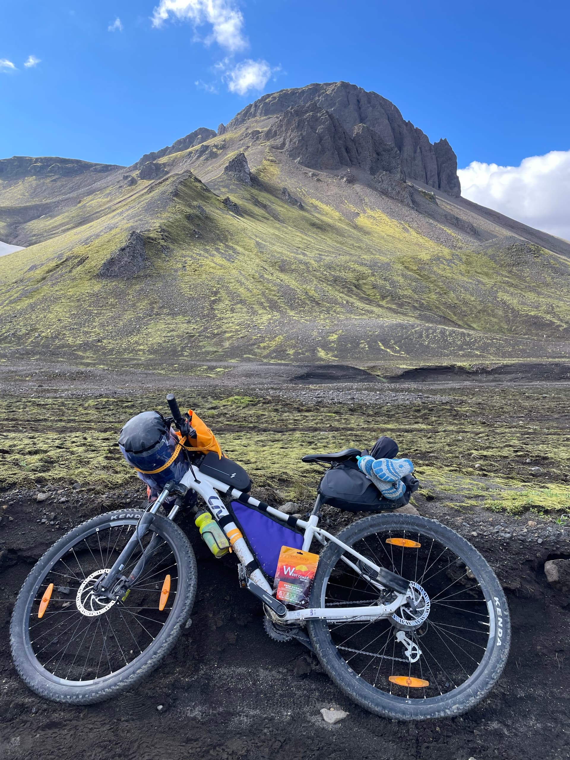 Loaded bikepacking bicycle with WCK pouch against mossy Icelandic mountain landscape